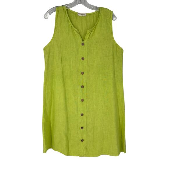 100% Linen Dress Italy Shift Button Front Lime Green Terzo Mellennio Med Resort - Picture 1 of 9